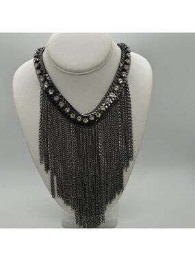 Gunmetal Rhinestone Statement Fringe Necklace Cascading Chain Tassel Bib Choker